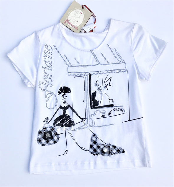 Floriane of France Girls White Cotton Top With Gingham Check Applique