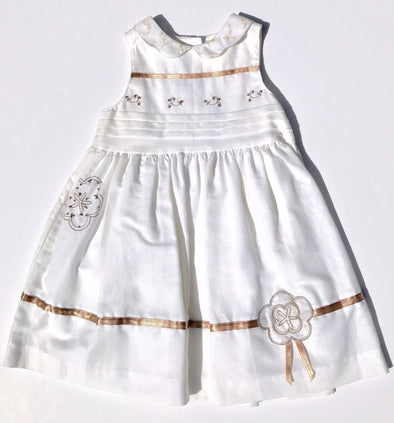 Pomme Framboise of France Girls Dressy White With Gold Trim Applique Dress