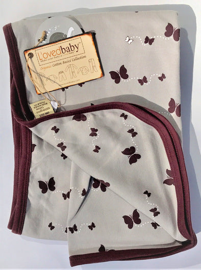 L'ovedbaby   Swaddling Blanket  Eggplant Butterflies 100% Organic Cotton