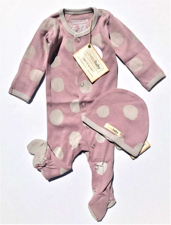 L'ovedbaby 2Pc la-di-dots Footed Overall and Cap Lavender/Light Gray 100% Organic Cotton