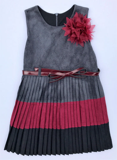 Alitsa Grey/Burgandy Pleated Faux Suede Sleeveless Dressy Dress